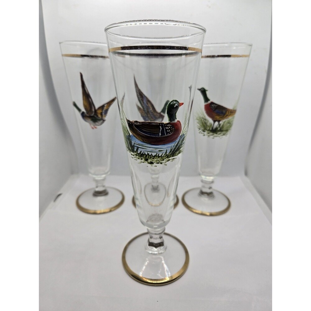 Set of 5 Vintage Wildlife Fowl Birds Pilsner Beer Glasses